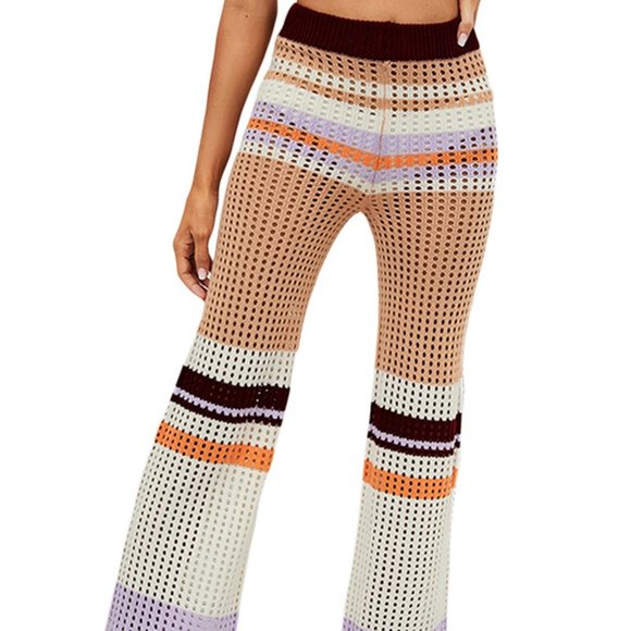 LOVEU.DEAR Knitted Crochet Casual Beach Pants Elastic Waist Colorblock - Picture 1 of 11